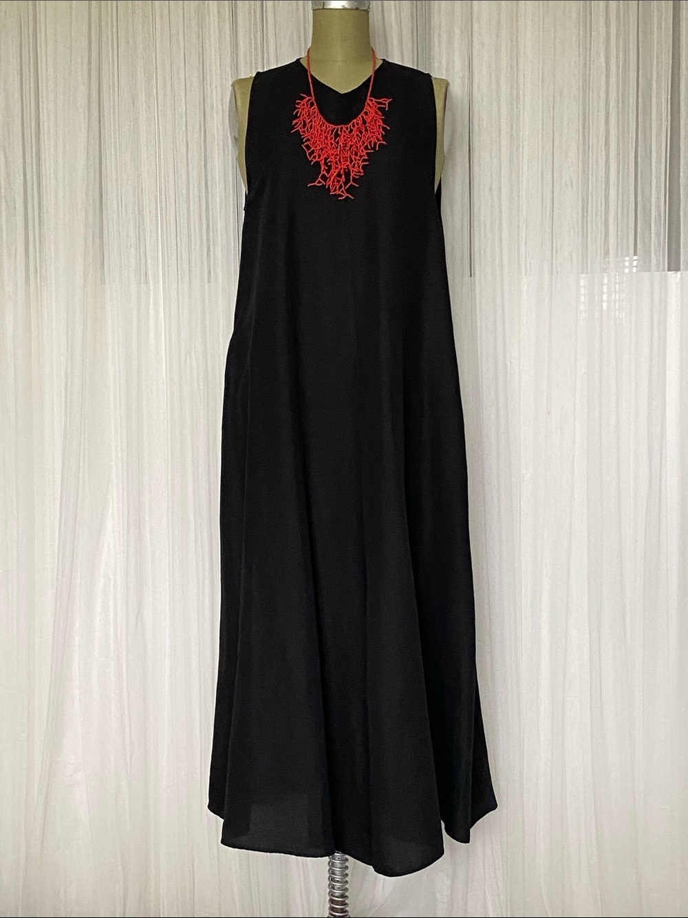 Zara Black Maxi Dress with Red Necklace Accent